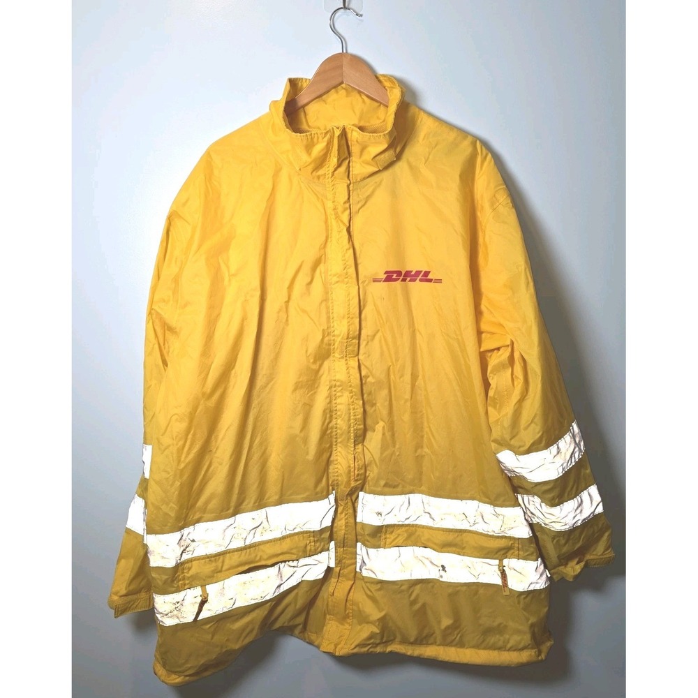 Men's DHL Yellow‎ With Reflectors Windbreaker/Raincoat Jacket Pullout Hood 2XL